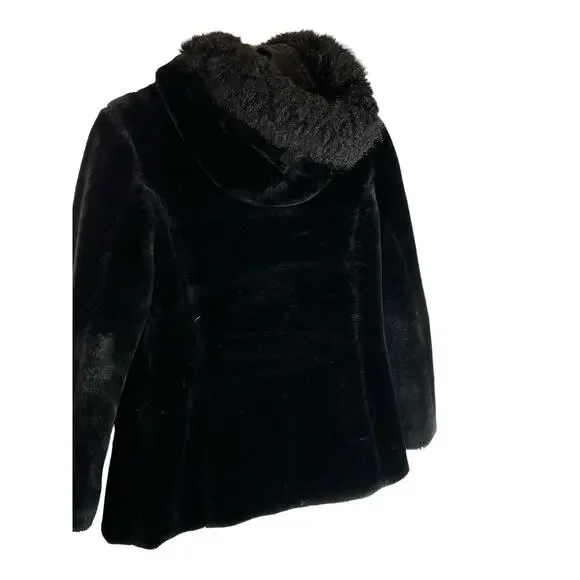 Susan Graver Black Reversible Coat Jacket Faux Fur Satin Hood S Small - Picture 9 of 13